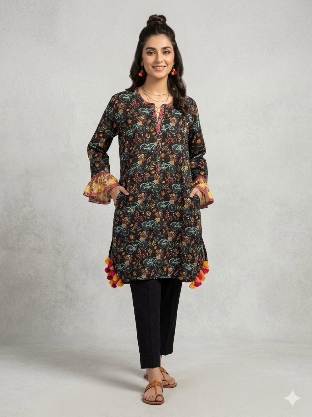 Bonanza Satrangi Boho Whimsy Floral Bicycle Novelty Print Ruffle Tunic Dress